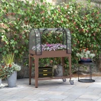 Fioriera Rialzata con Mini Serra per Piante, Ruote e Ripiano, 80x40x120cm, Marrone