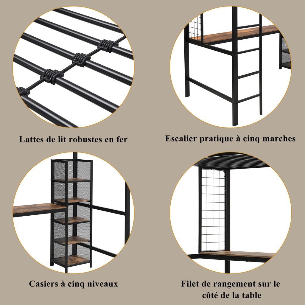 Letto a castello nero e noce scuro con scrivania e scaffali in metallo e MDF 90x200 cm