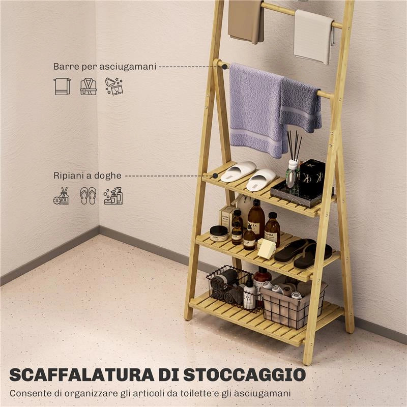 SCAFFALE BAGNO 3 RIPIANI CON PORTA ASCIUGAMANI A 3 BARRE AUTOPORTANTE E PIEGHEVOLE IN LEGNO DI BAMBÙ