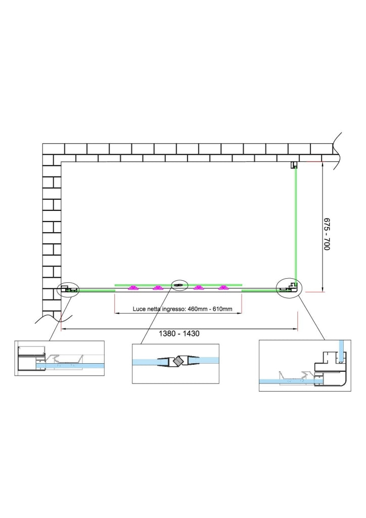 Box doccia 6 mm H 190 parete fissa e porta a 4 ante con apertura centrale MISURA 67,5-70 ANTA FISSA + PORTA 138-143