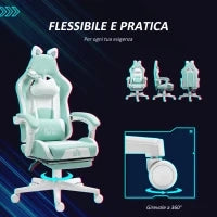 Sedia da Gaming Reclinabile con Poggiapiedi e Cuscini, in Finta Pelle e Spugna, 65x62x116-124 cm, Bianco e Blu