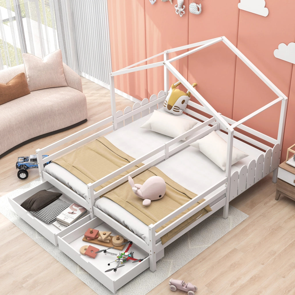 OKWISH Letto a Casetta 200×90 cm, Letto 2 Posti con 2 Cassetti, Sponde di Sicurezza e Design Diviso, senza Materasso, Bianco