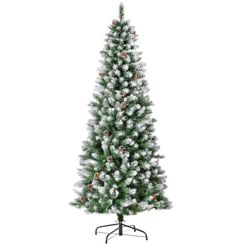 ALBERO DI NATALE INNEVATO DA 180 CM CON 630 RAMI E 37 PIGNE, IN PLASTICA E METALLO, VERDE E BIANCO