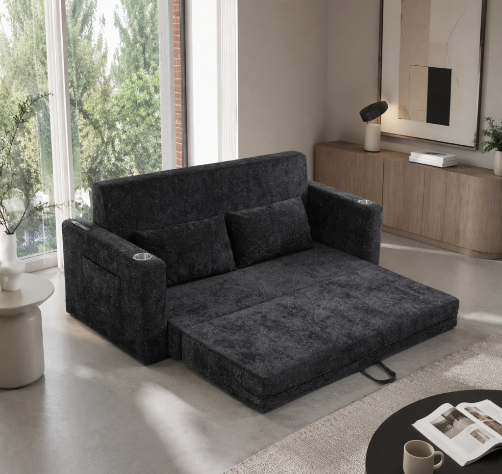 Divano letto 2 posti con funzione letto, porte USB, portabicchieri e tasche laterali in ciniglia nero e grigio