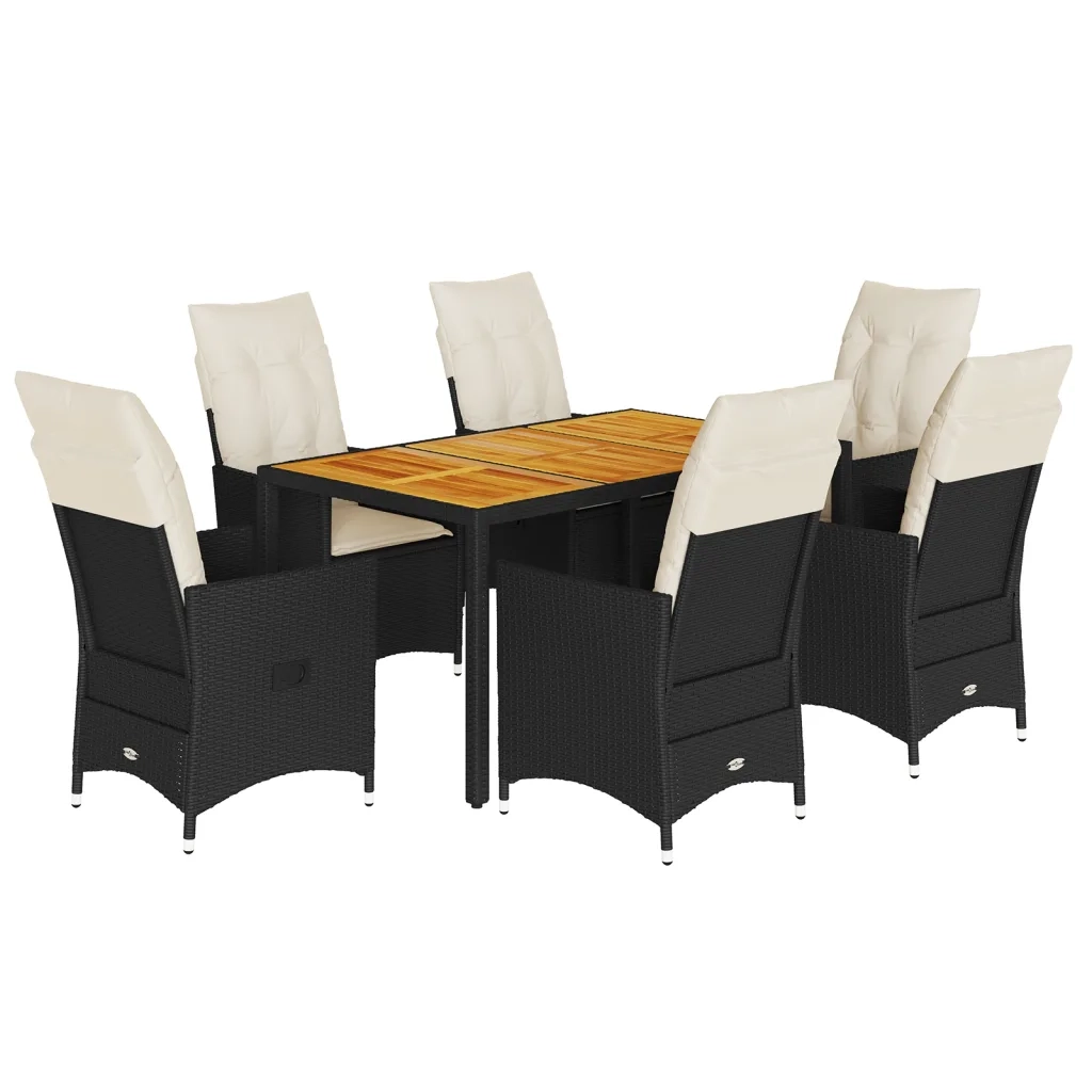 Set da Pranzo da Giardino 7 pz Nero con Cuscini in Polyrattan