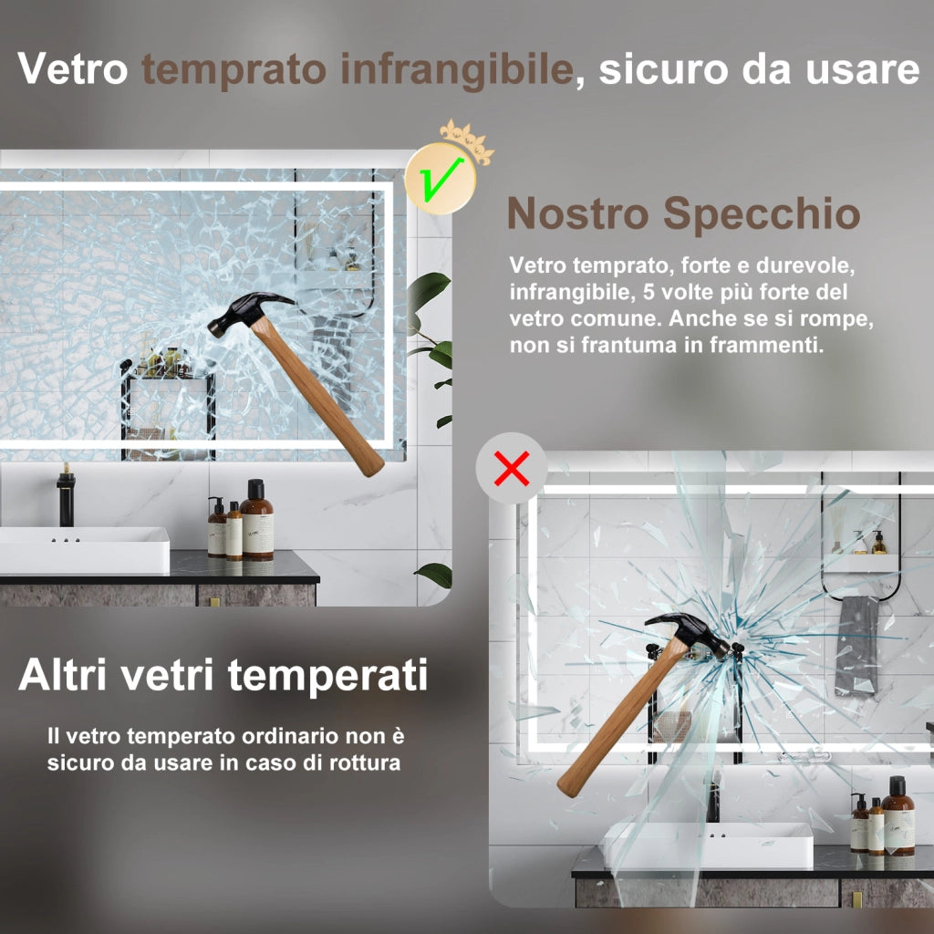 AICA Specchio da bagno  70 x 50 cm, dimmerabile, interruttore touch, Funzione Memoria, antiappannamento, 3 colori