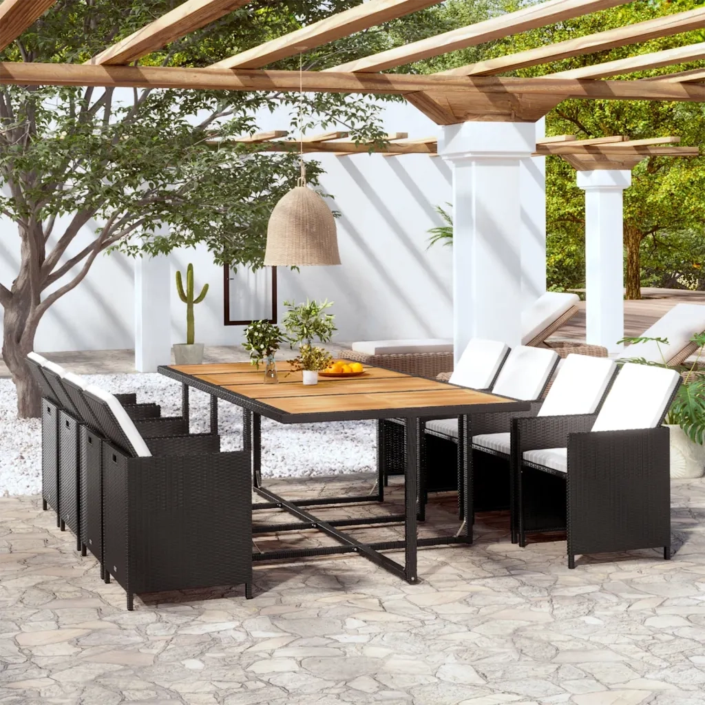 Set da Pranzo da Giardino 13 pz con Cuscini in Polyrattan Nero  cod mxl 57459