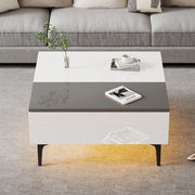 Tavolino 70x70x35 cm bianco e grigio, piano sollevabile con contenitore e LED, MDF,
