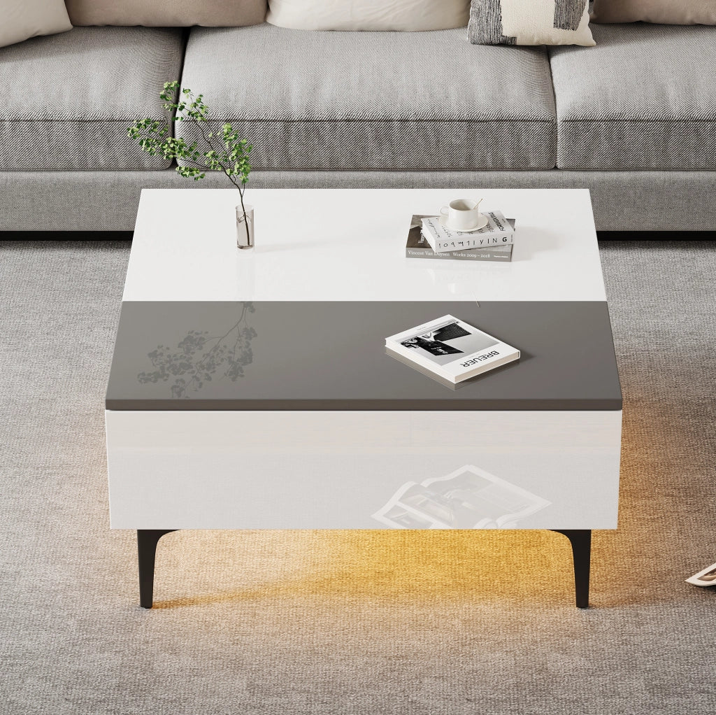 Tavolino 70x70x35 cm bianco e grigio, piano sollevabile con contenitore e LED, MDF,