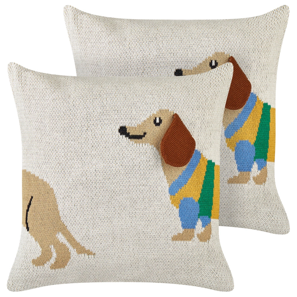 Set di 2 cuscini decorativi per bambini in cotone beige 45 x 45 cm con motivo bassotto Accessorio per la camera da letto dei bambini