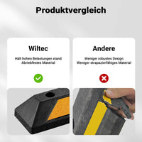 Delimitatore di parcheggio, 2 battiruota in gomma 1200x150x100mm con fasce rifrangenti, Fermaruota