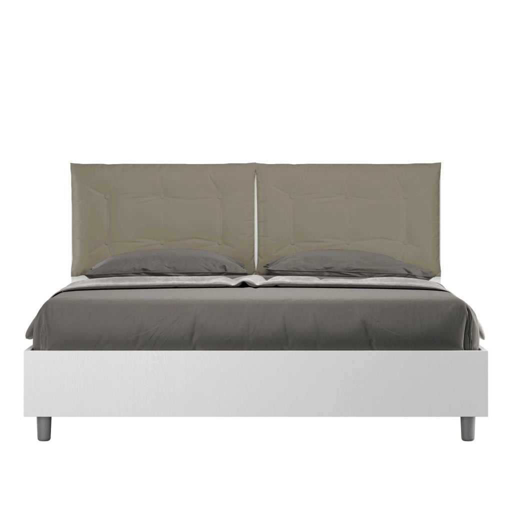 Letto matrimoniale con rete 160x190 bianco frassino cuscini similpelle cappuccino Egos Annalisa