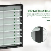 Bacheca Portaoggetti a 5 Ripiani Regolabili in Legno con Ante in Vetro, 80x9.5x83 cm, Bianco e Nero