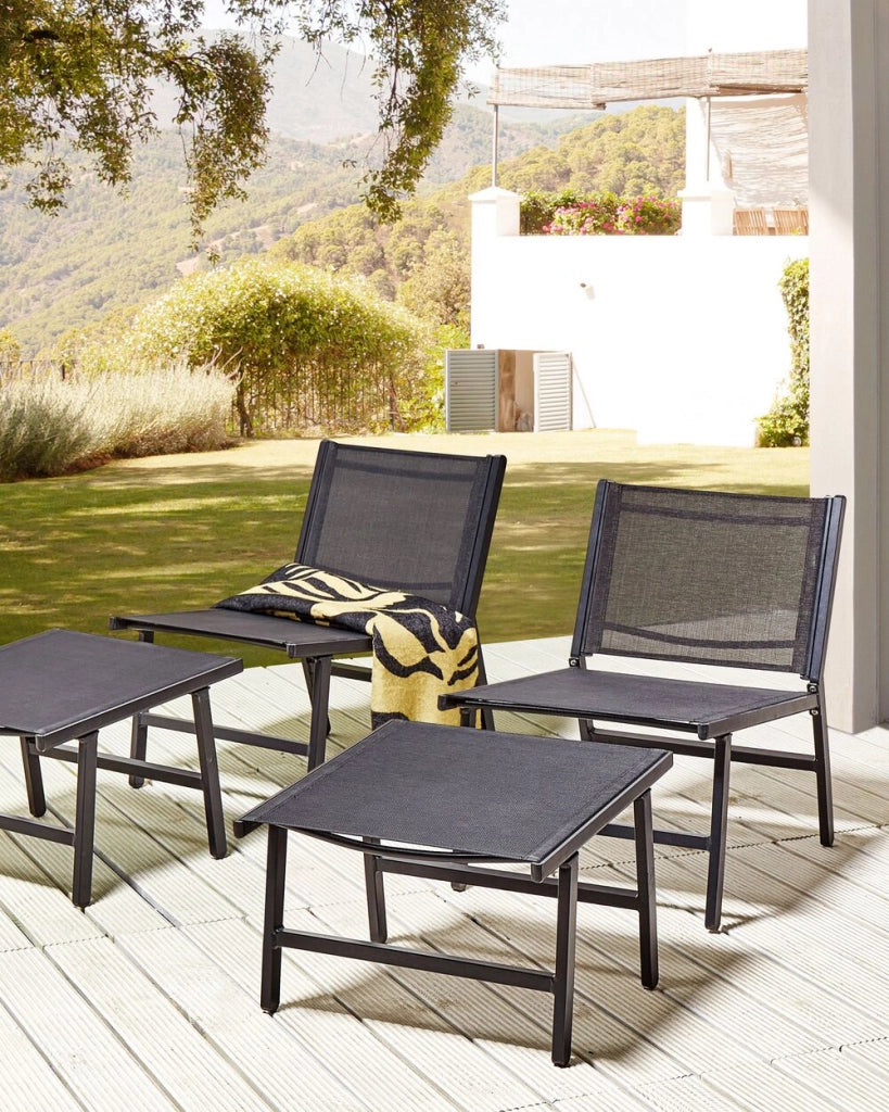 Set di 2 sedie da giardino Seduta in textilene nero Schienale in metallo con poggiapiedi Design moderno per esterni