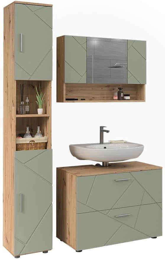 Set di mobili da bagno Irma, Verde salvia, 80 cm, composto da mobile sottolavabo, specchiera e colonna alta