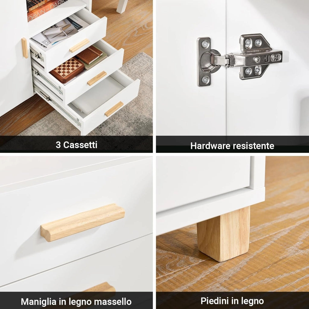 Cassettiera Ufficio Mobiletto Salvaspazio con 3 Cassetti e 1 Vano Aperto Supporto Stampante Schedario da Ufficio Cassettiera da Scrivania Bianco e Naturale 90x45x75cm ASK07-WN