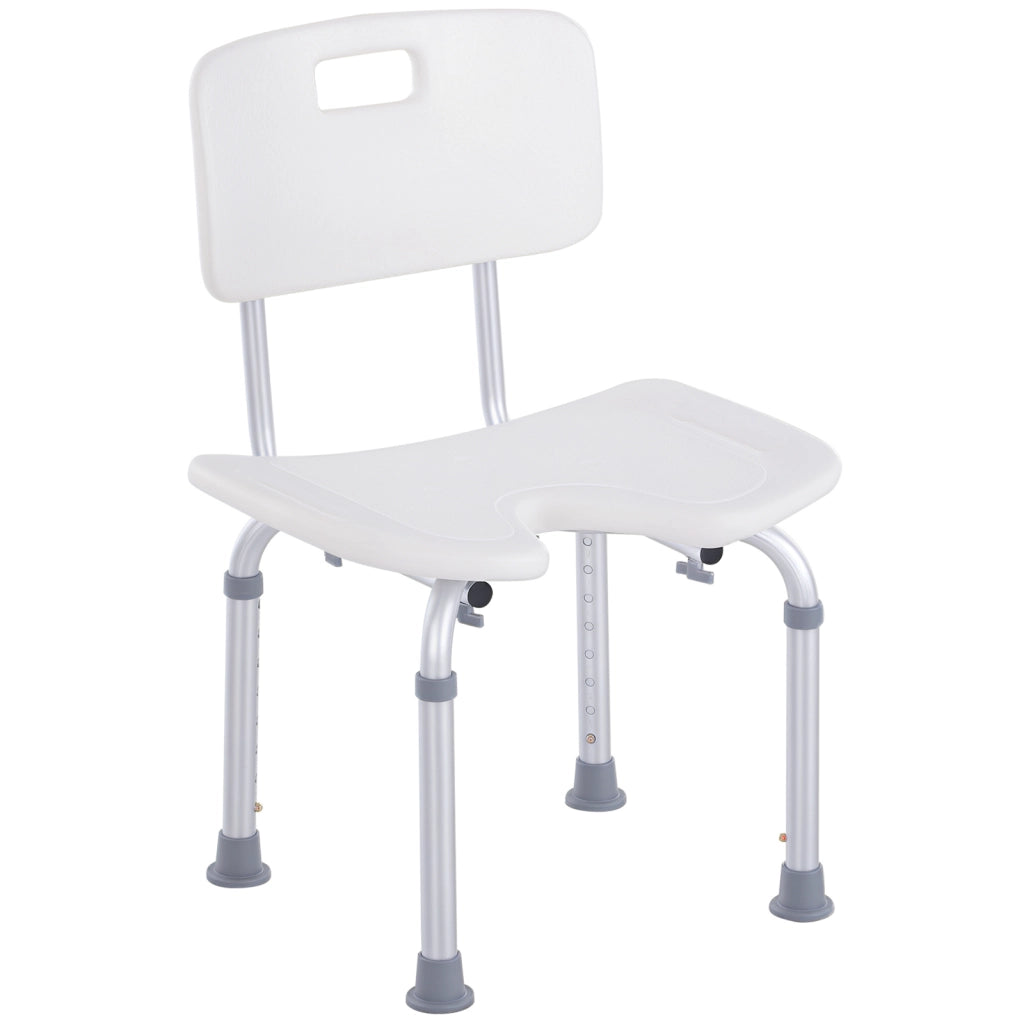 Sedia Doccia Regolabile su 8 Livelli con Fori di Drenaggio, in Alluminio e PE, 48x42x71-83.5 cm, Bianco e Argento