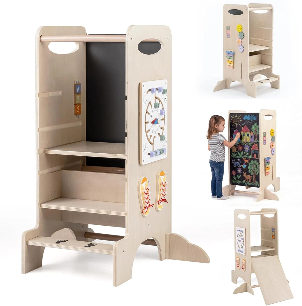 Torre Montessoriana in Legno Bambini, Torre di Apprendimento 3 Altezze Regolabili con Giochi Educativi e Lavagna, Corrimano Sicurezza e Piedini Antiribaltamento, per Cucina e Bagno