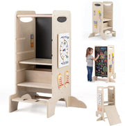 Torre Montessoriana in Legno Bambini, Torre di Apprendimento 3 Altezze Regolabili con Giochi Educativi e Lavagna, Corrimano Sicurezza e Piedini Antiribaltamento, per Cucina e Bagno