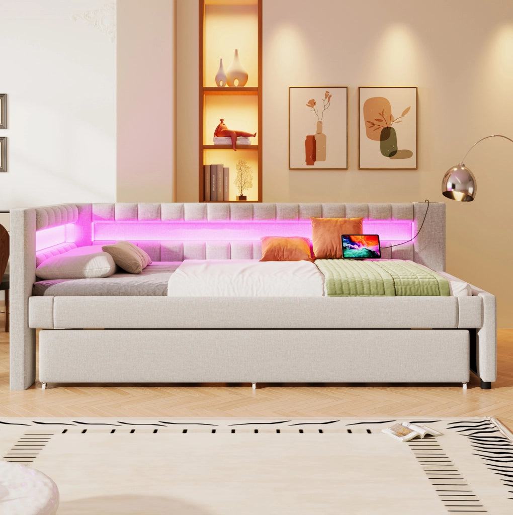 Letto estraibile in lino beige con luce LED e porte USB