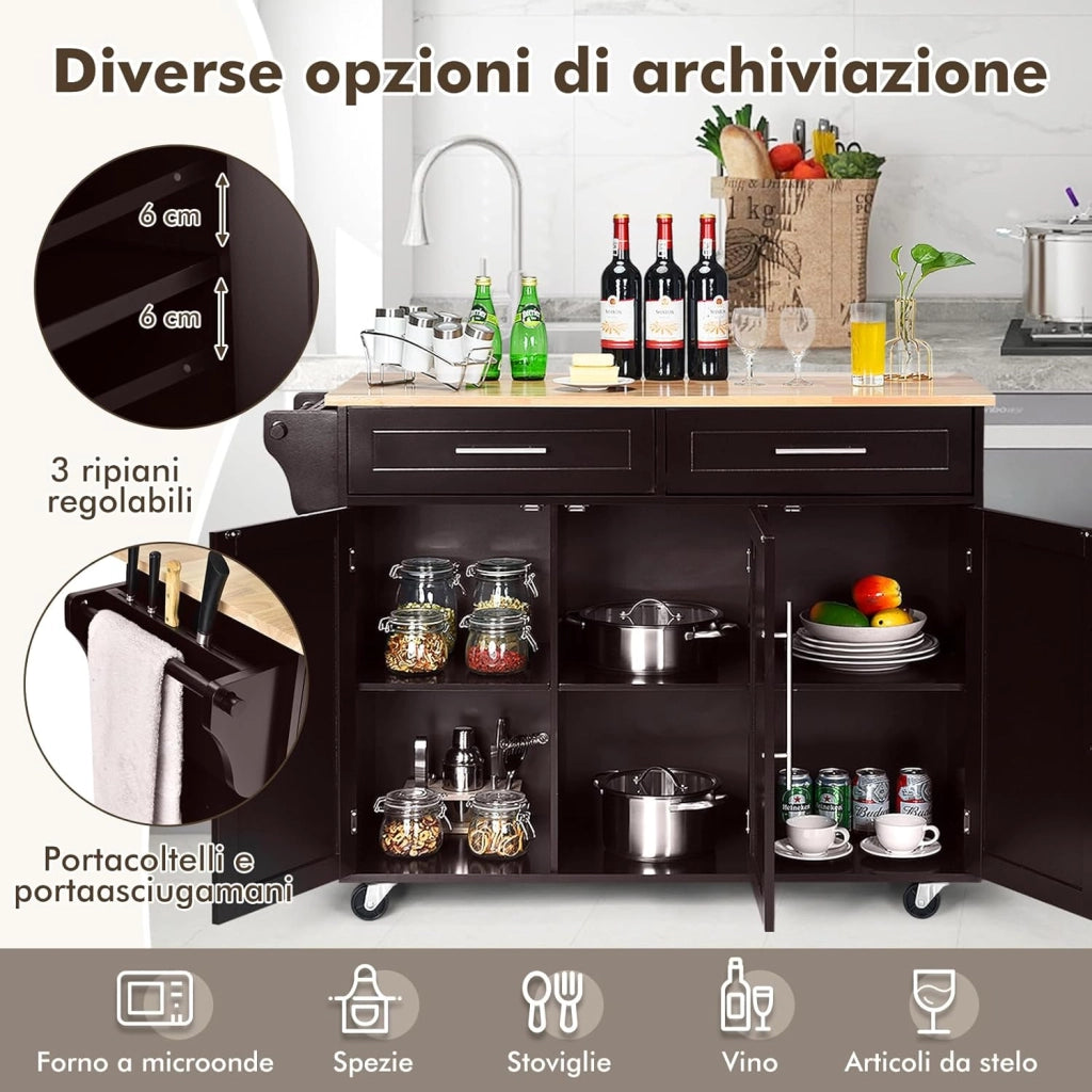 Carrello da Cucina, Carrello di Servizio con Ruote e Maniglia, 3 Ante e 2 Cassetti, Ideale per Cucina Ristorante Bar, 122x46x92,3 cm (Marrone)