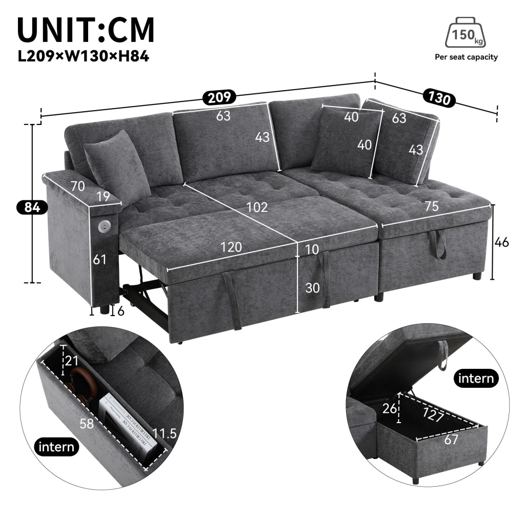 Divano letto angolare destro 3-4 posti con USB e contenitore