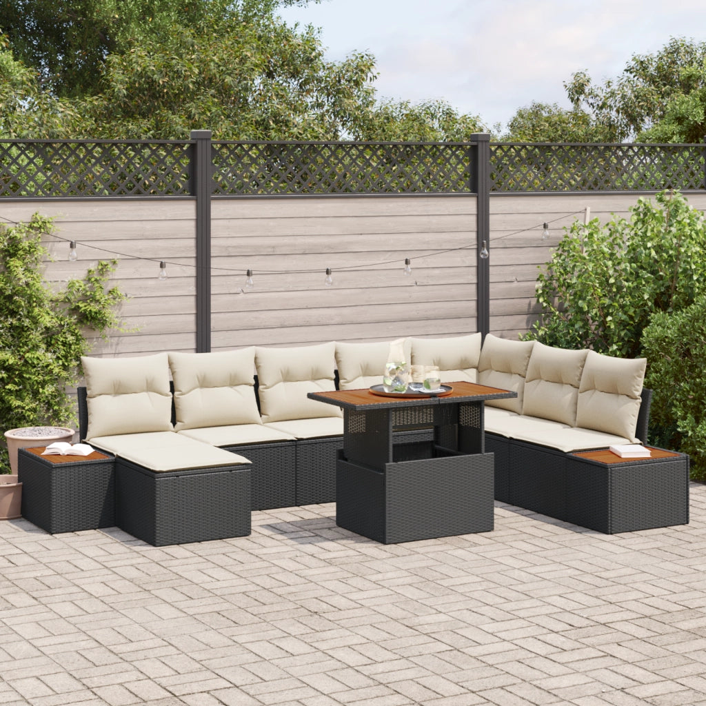 Set divano da giardino 9 pezzi con cuscini in polyrattan nero