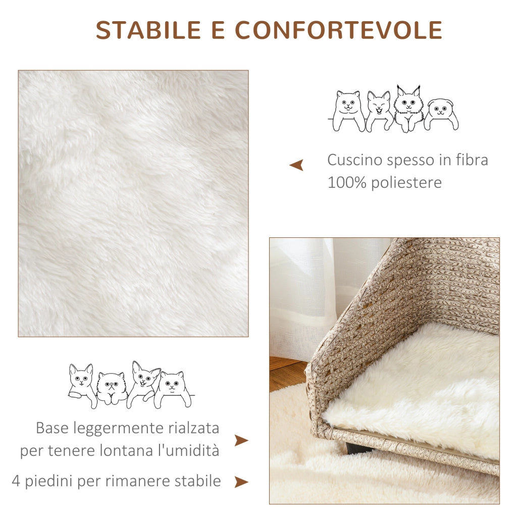 Easycomfort Cuccia per Cani e Gatti Rialzata in Rattan con Cuscino Lavabile Bianco, Lettino per Animali da Interno, 70.5x40x37.5cm, Beige