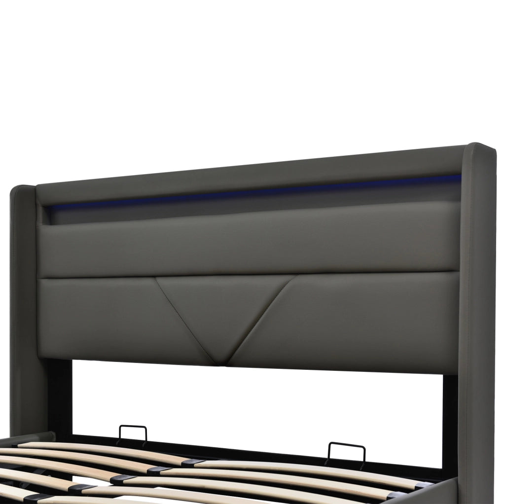 Letto imbottito con contenitore e illuminazione LED, 140x200 cm, grigio