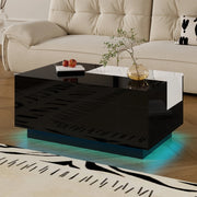 Tavolino da salotto 80x50x35.5 cm con illuminazione LED RGB; piano estraibile; MDF nero e bianco