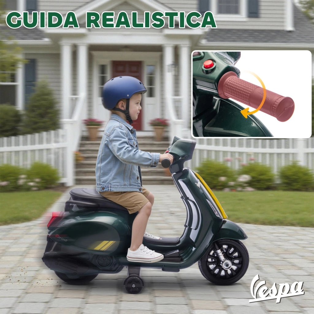 Moto Elettrica per Bambini con Licenza Ufficiale Piaggio Vespa 6V con Rotelle e Luci Verde Scuro