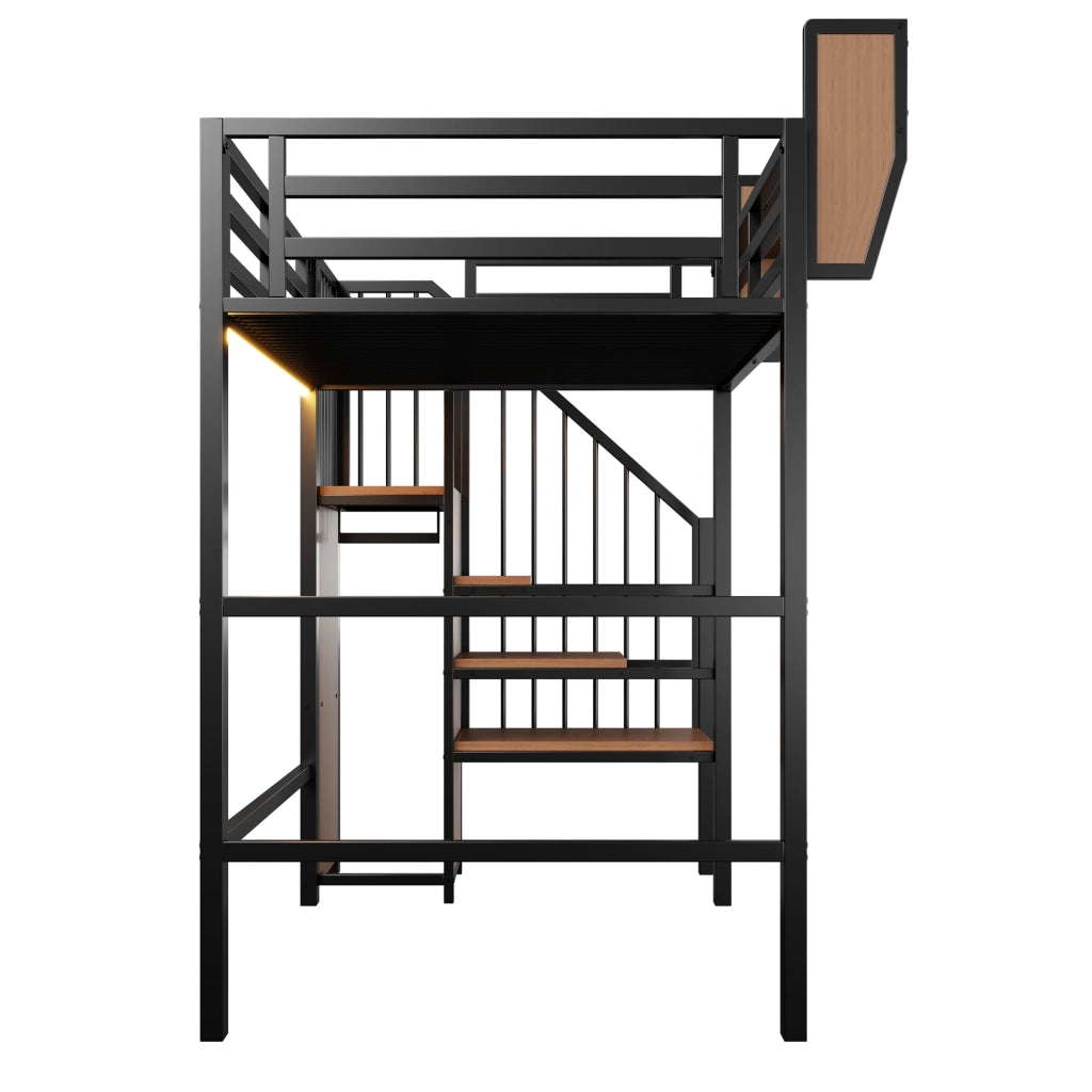 Letto a soppalco 90 × 200 cm con LED, scala di sicurezza e ripiano regolabile, senza materasso, in metallo, nero