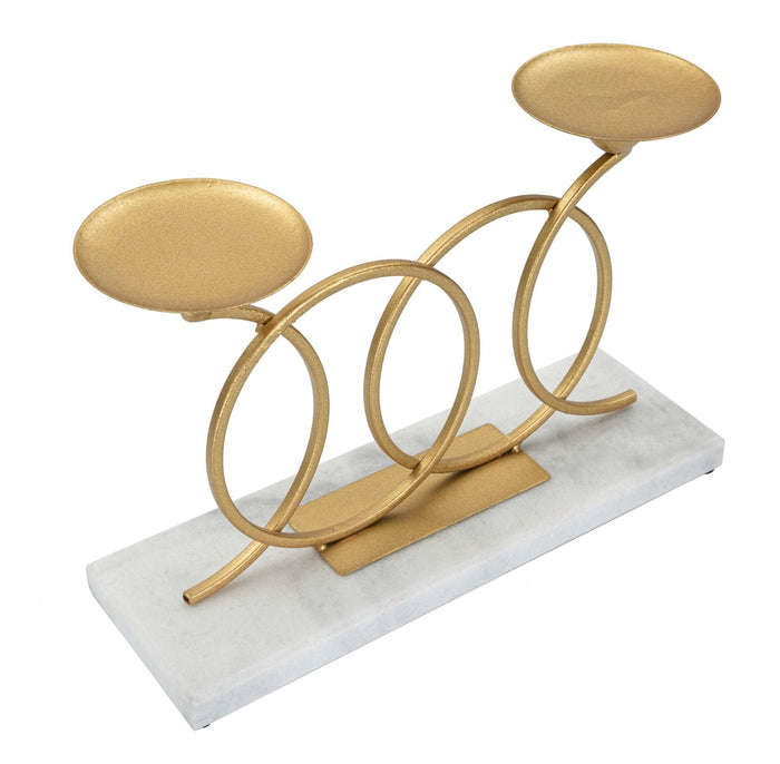 Portacandele 2 Posti da Tavolo 30x9x20 cm in Metallo Oro Base in Marmo Bianco