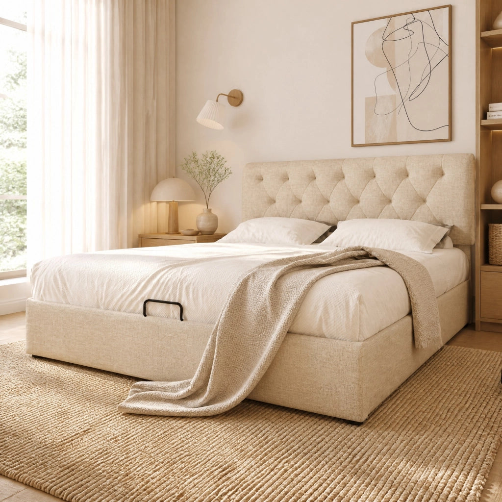 Letto imbottito 140x200 cm con contenitore, testiera regolabile e materasso incluso, colore naturale