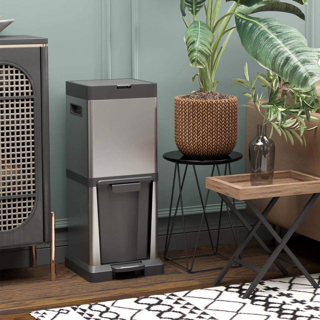 Cestino per rifiuti 20+14L con pedale e coperchio ¨C Minimal ¨C Acciaio inox 32,5x31,5x78cm Argento
