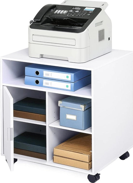 Scaffale per stampante, supporto per stampante con ruote, legno, bianco, 5 cassettoni