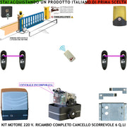 Motore 230 V Con Centrale per Cancello Scorrevole Traina 6 Q.li Radiocomando Faro Selettore 2 Coppie Fotocellule Pignone Acciaio M4 Z12 Fine Corsa Elettromeccanico Ricambio Universale Altre Marche CE