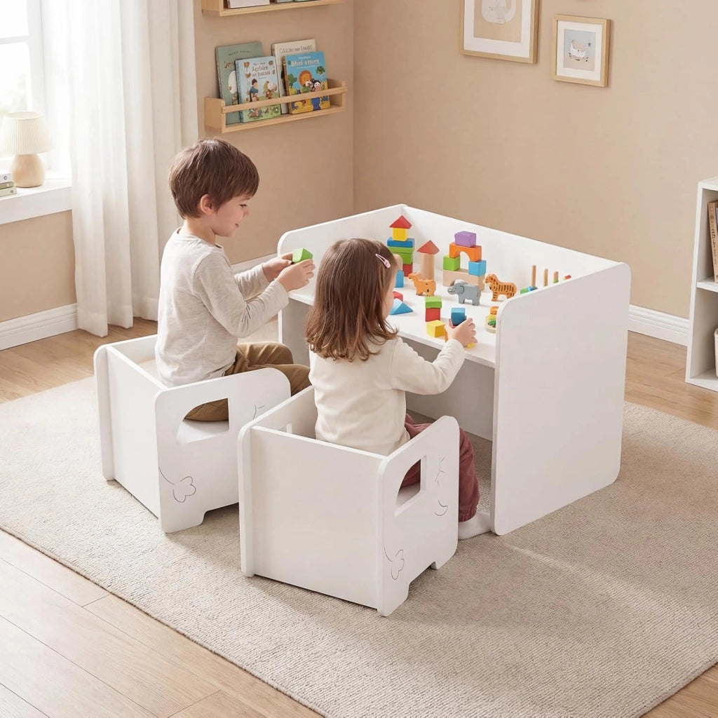 Set Tavolo e 2 Sedie per Bambini, Tavolo e Sedie Salvaspazio per Bambini 3+ Anni con Lavagna per Disegnare e Piedini Antiscivolo, per Camerette, Soggiorno e Studio (Bianco)