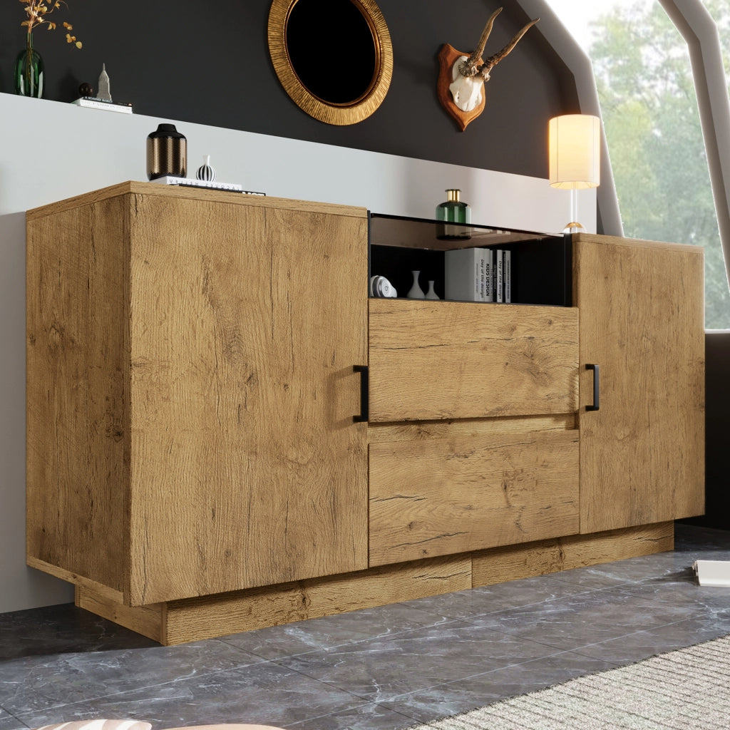 OKWISH Credenza con 2 Ante, 2 Cassetti e 1 Vano Aperto, Ripiani Regolabili, per Soggiorno, 140×40×70 cm