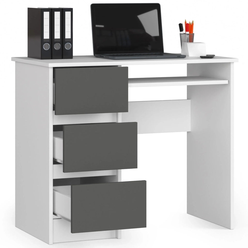 Scrivania per computer AKORD A6 Bianco 90 cm 3 cassetti inserto frontale Grigio Grafite 90x50x77 cm Modello a sinistra