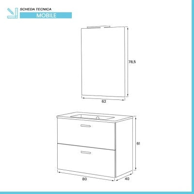 Mobile bagno sospeso 80 rovere tropea con top e specchiera LED  Martha