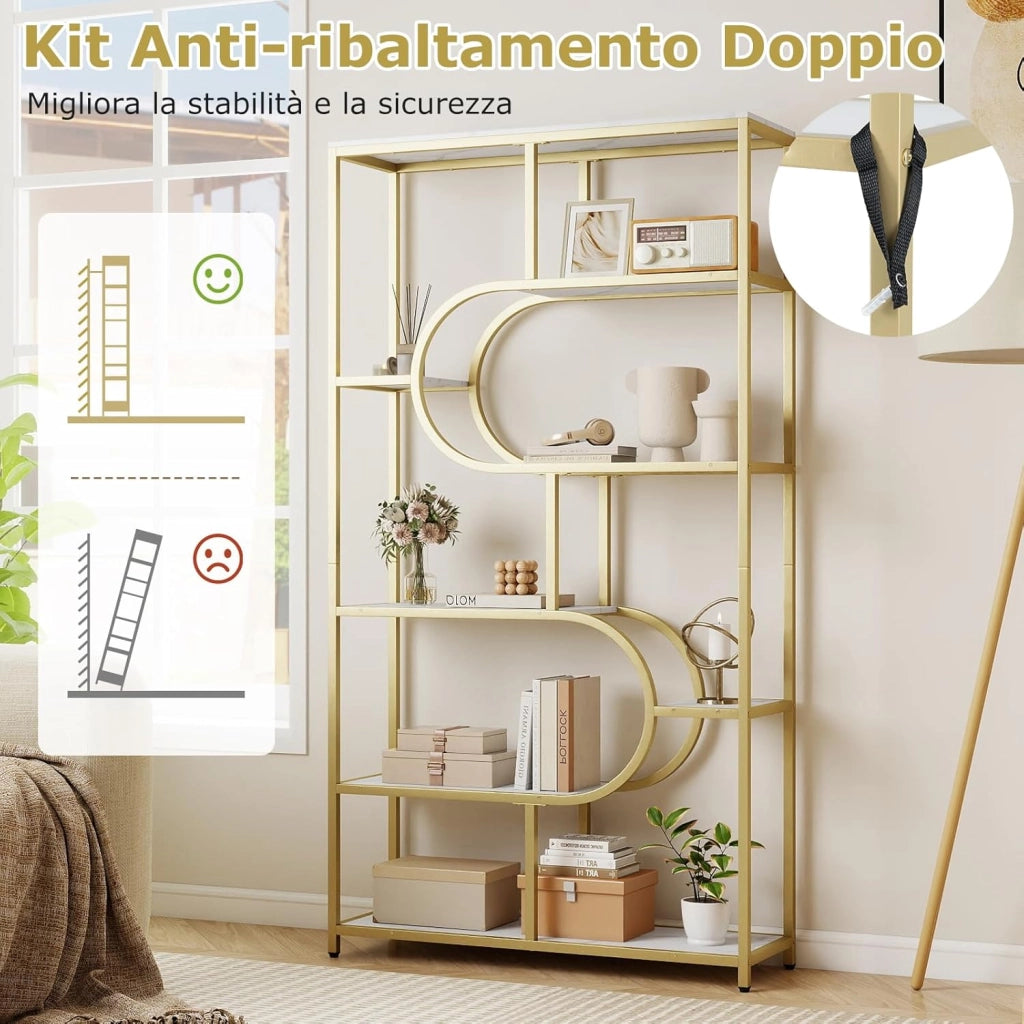 Libreria a 8 Ripiani, Scaffale Alto Autoportante a Forma di U, Struttura in Metallo, Organizzatore di Spazio per Soggiorno e Ufficio, 95x30x175 cm (Bianco+Oro)