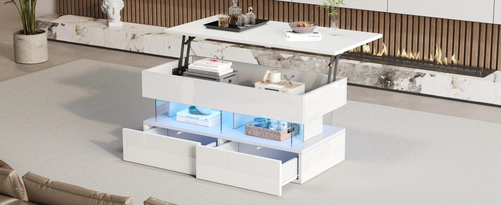 TAVOLINO 100 x 50 x 46 cm bianco in MDF con piano sollevabile, 2 cassetti e LED