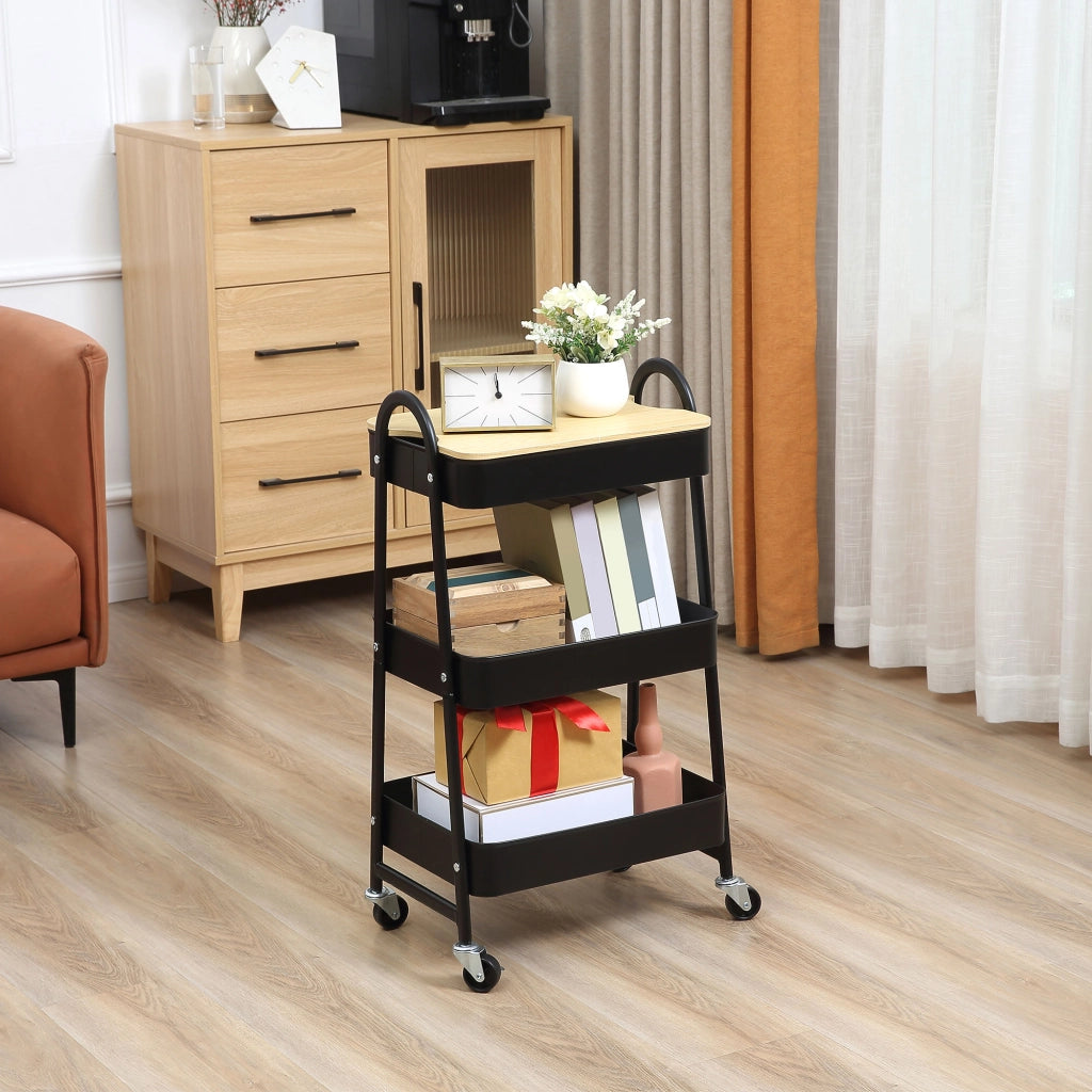 Carrello da cucina con 3 cestini in acciaio e ripiano ¨C zephmum ¨C 45x31x79,4 cm nero