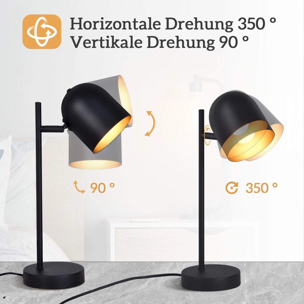 ZMH Lampada da tavolo lampada da comodino nero oro E14 retrò metallo girevole 350°