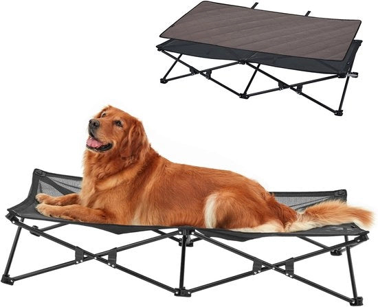Letto Elevato per Cani Esterno con Retino a Mesh e Pelle di Suède e Suole Antiscivolo per Viaggiare in Giardino all'Aperto e Interno, Nero 132 x 68 x 29 cm