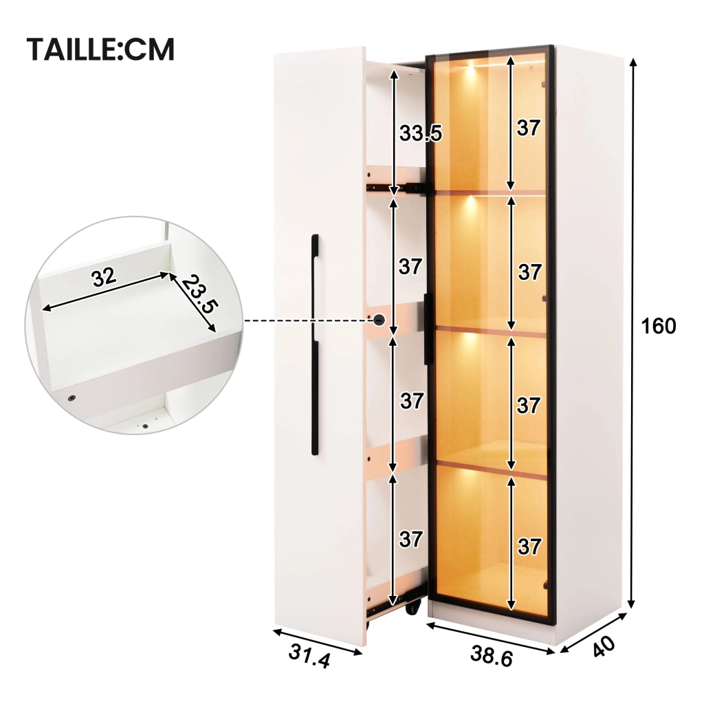 Libreria Vetrina con 1 Porta in Vetro; 1 Scaffale Estraibile; LED; per Soggiorno Sala da Pranzo; MDF; Bianco; 70 × 40 × 160 cm