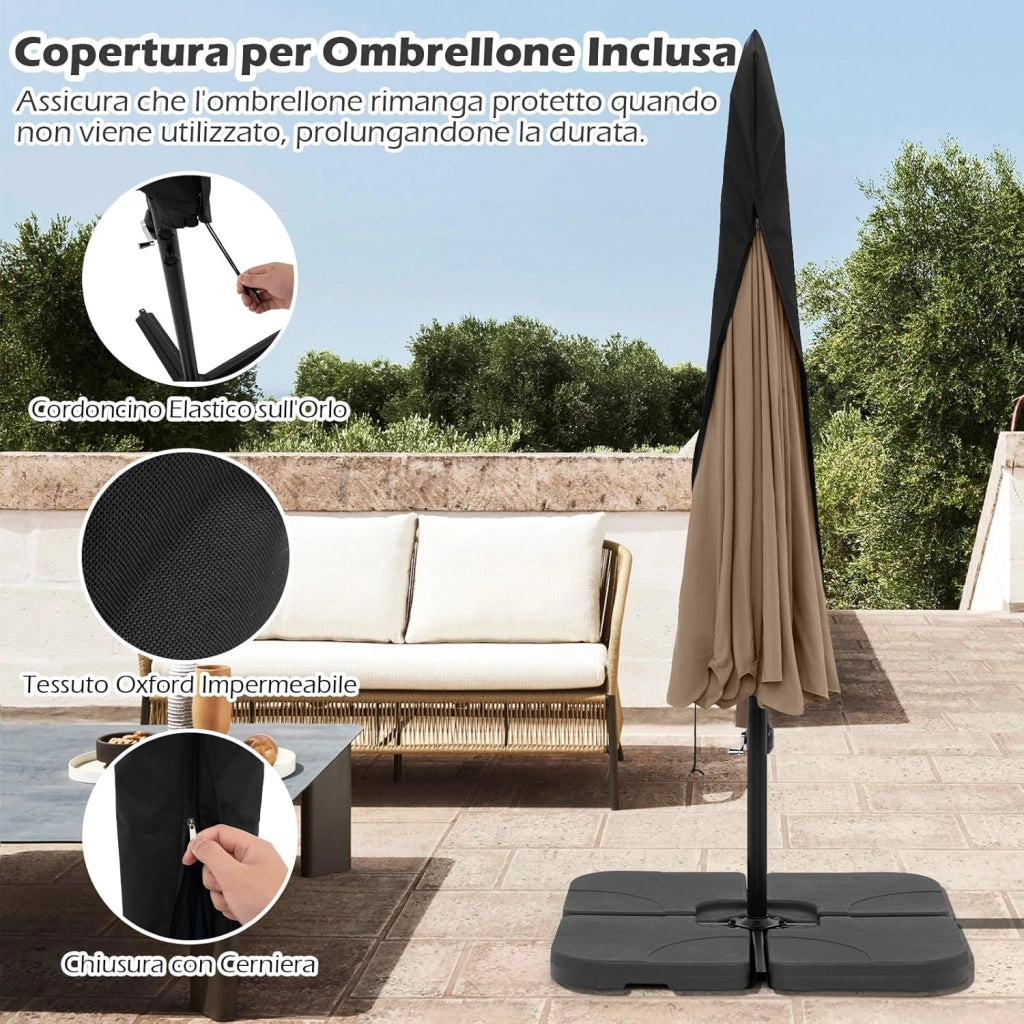 Ombrellone da Giardino 290 cm a Braccio | Inclinazione Regolabile, Manovella, 8 Stecche, Telo Solare, Copertura Inclusa