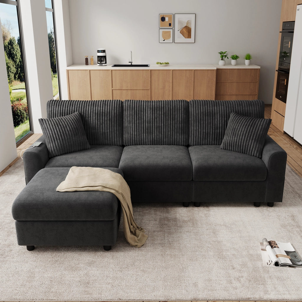 Divano Convertibile con 1 Porta USB, 1 Porta Type-C, Pouf, 2 Cuscini, in Chenille e Velluto a Coste, Grigio
