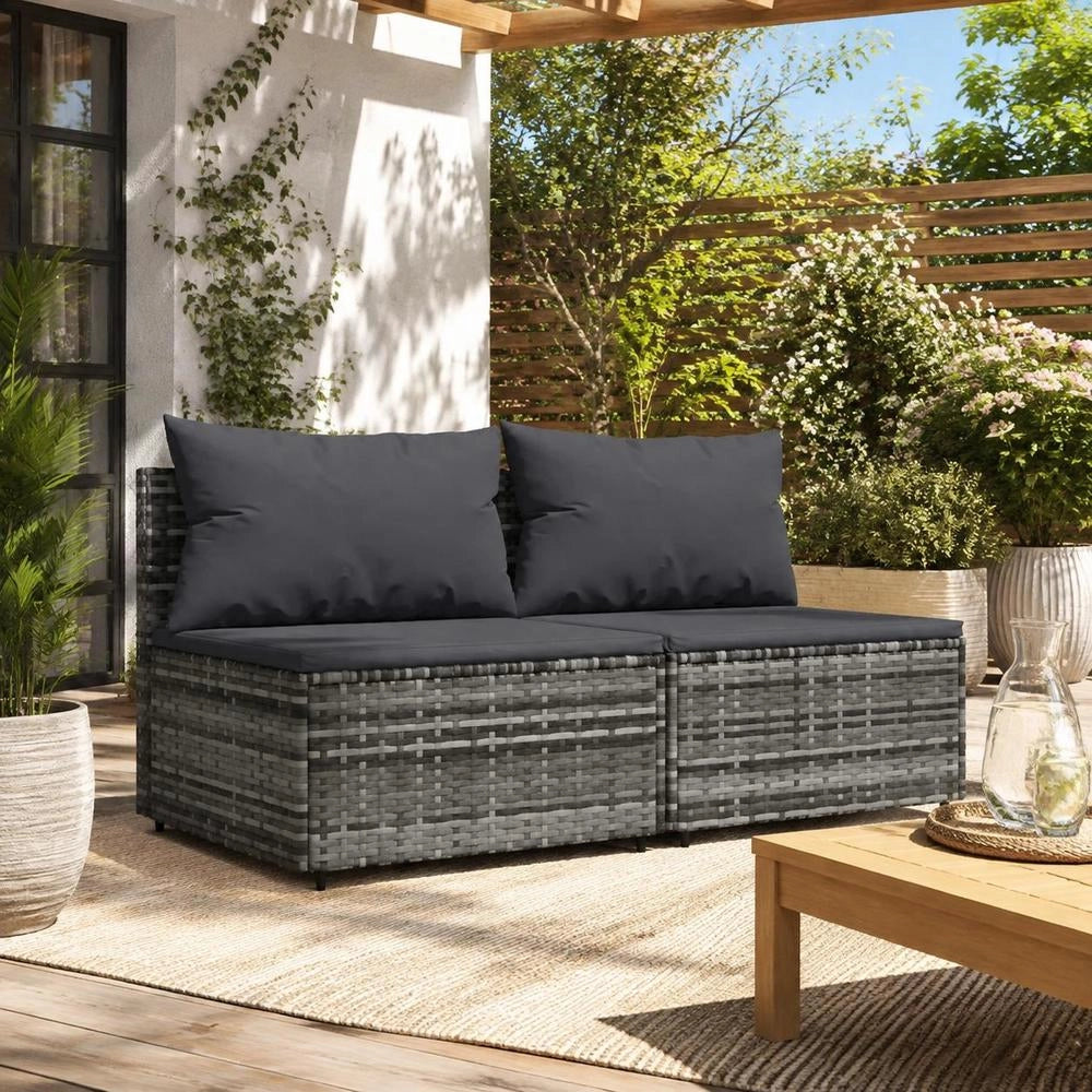 Garden Middle Sofas With Cushions 2 Pcs. Grey Poly Rattan